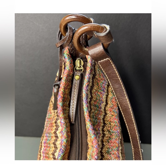 Fossil Womens Shoulder Purse Leather Trim Studded Raffia Weave Straw Multicolor - Picture 4 of 7